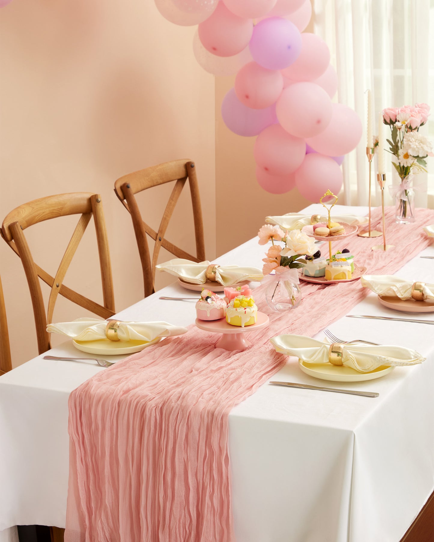 Pureegg 2-Pack Cheese Cloths Table Runner, 120'' Boho Table Cloth Decorations for Party, Baby Shower, Wedding and Farmhouse, Fabric Room Decor, Dusty Pink
