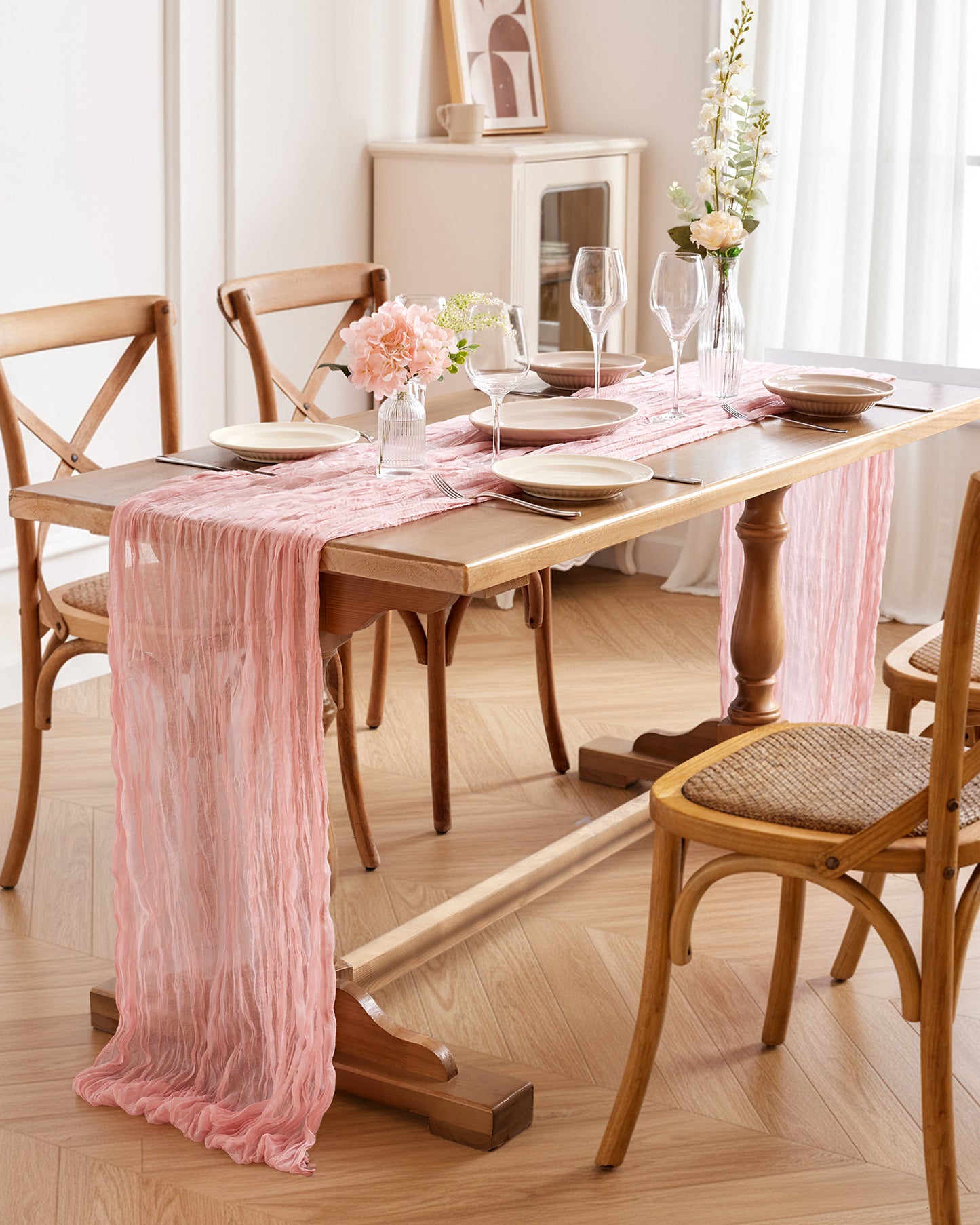 Pureegg 2-Pack Cheese Cloths Table Runner, 120'' Boho Table Cloth Decorations for Party, Baby Shower, Wedding and Farmhouse, Fabric Room Decor, Dusty Pink