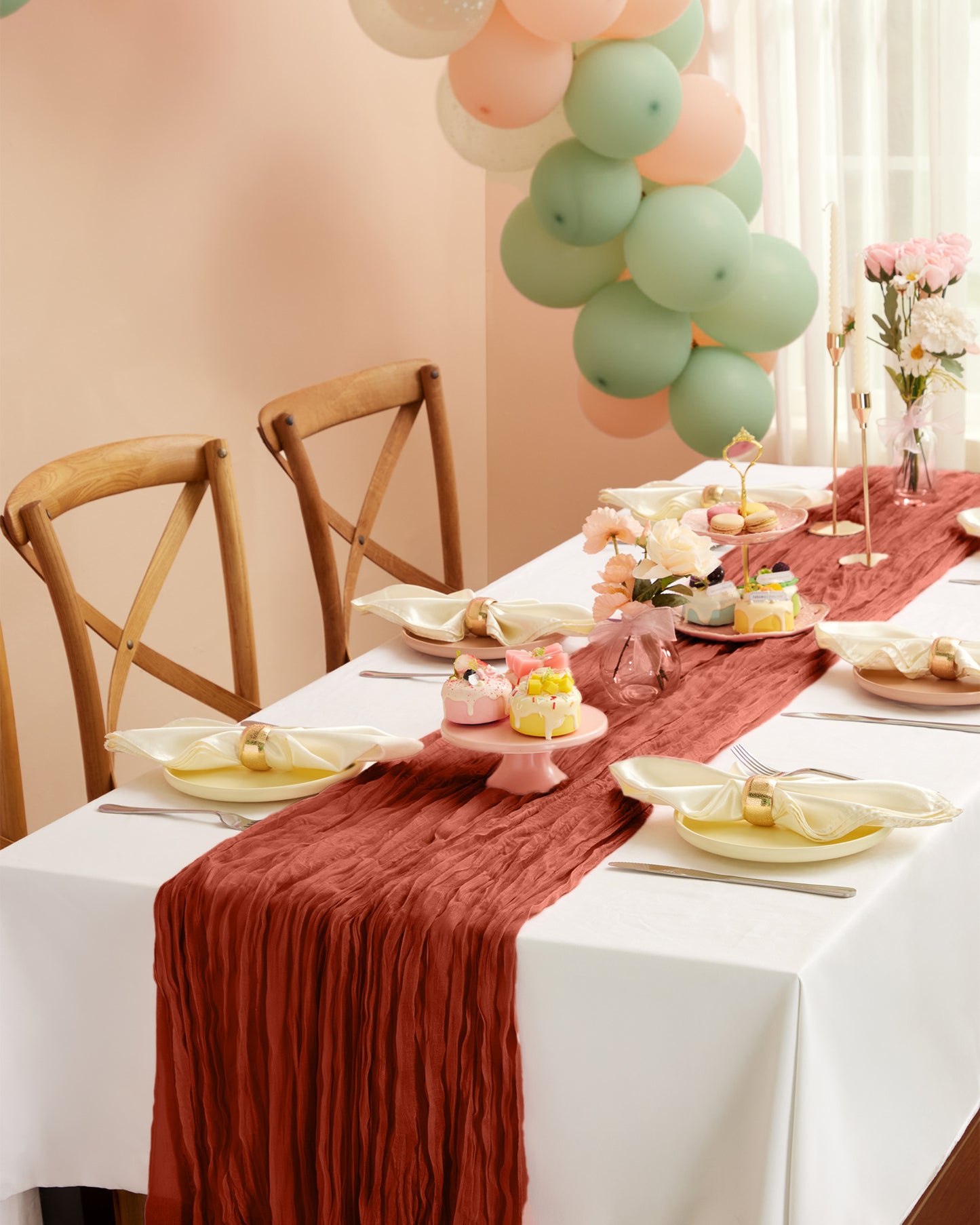 Pureegg 2-Pack Cheese Cloths Table Runner, 120'' Boho Table Cloth Decorations for Party, Baby Shower, Wedding and Farmhouse, Fabric Room Decor, Dusty Pink