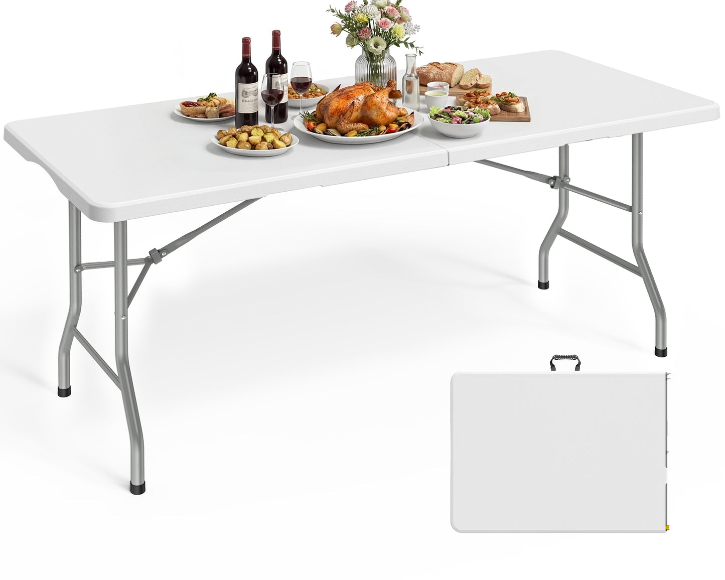 Pureegg 6FT Folding Table - No Assembly Required, Versatile Dining Table with Carrying Handle & Tabletop Safety Lock, Portable Foldable Table for Party, Craft, Camping, Picnic, White