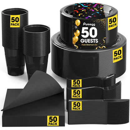 Pureegg Black Plastic Plates Set - 350 Pcs Complete Dinnerware Sets for 50 Guests, Disposable Plates, Utensils, Cups, Napkins Included, for Party, Gathering, Wedding, Daily Use