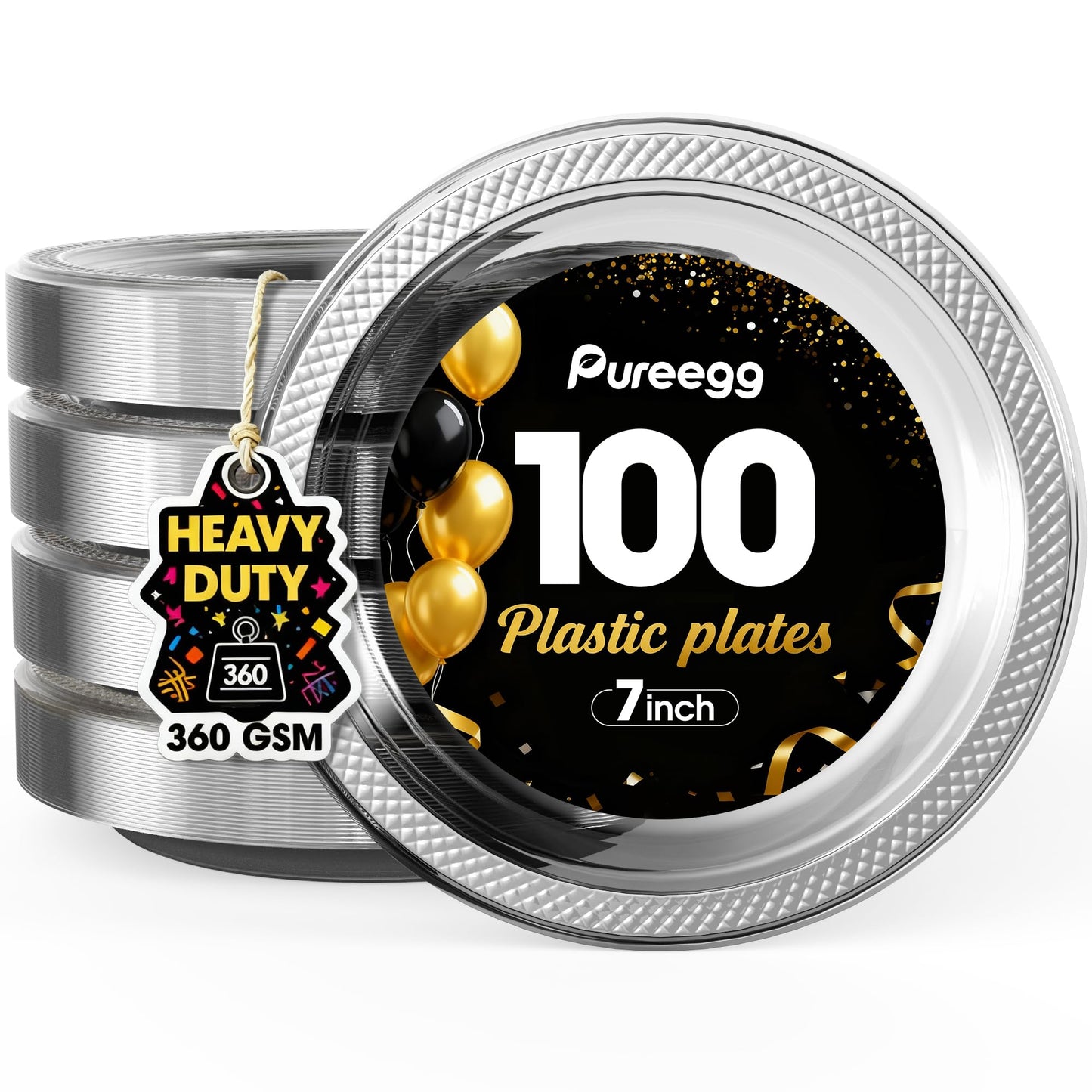Pureegg Heavy Duty Black Plastic Plates, 100-Count, 7 Inch Disposable Plates - BPA-Free, Holds Steak & Pasta, No Sagging, for Parties BBQ Picnic Buffet