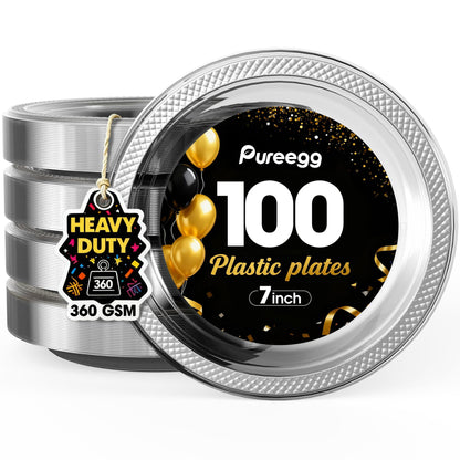 Pureegg Heavy Duty Black Plastic Plates, 100-Count, 7 Inch Disposable Plates - BPA-Free, Holds Steak & Pasta, No Sagging, for Parties BBQ Picnic Buffet
