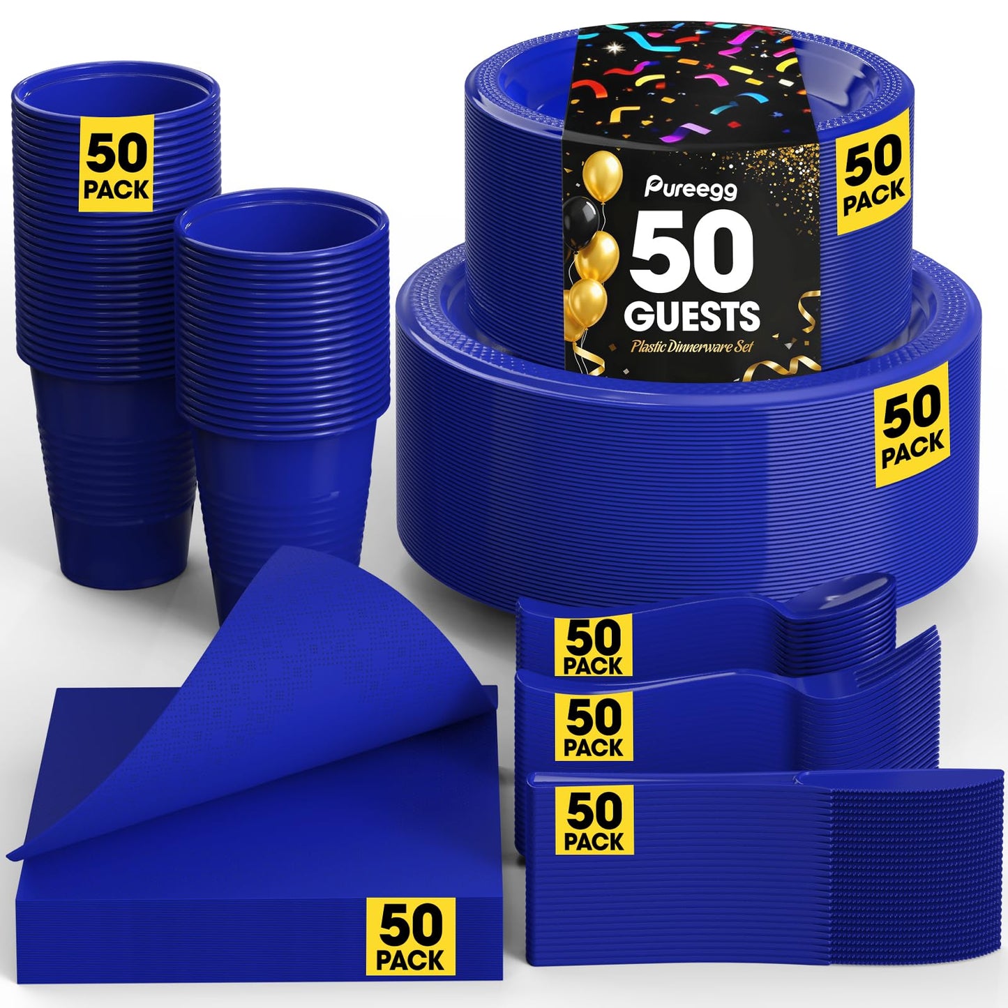 Pureegg Black Plastic Plates Set - 350 Pcs Complete Dinnerware Sets for 50 Guests, Disposable Plates, Utensils, Cups, Napkins Included, for Party, Gathering, Wedding, Daily Use