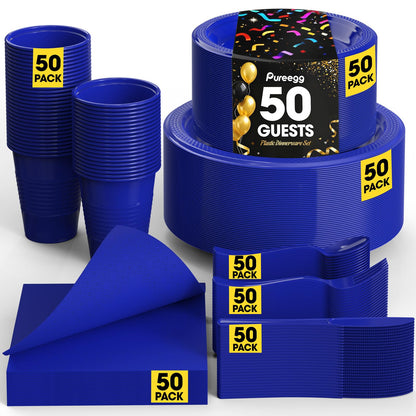 Pureegg Black Plastic Plates Set - 350 Pcs Complete Dinnerware Sets for 50 Guests, Disposable Plates, Utensils, Cups, Napkins Included, for Party, Gathering, Wedding, Daily Use
