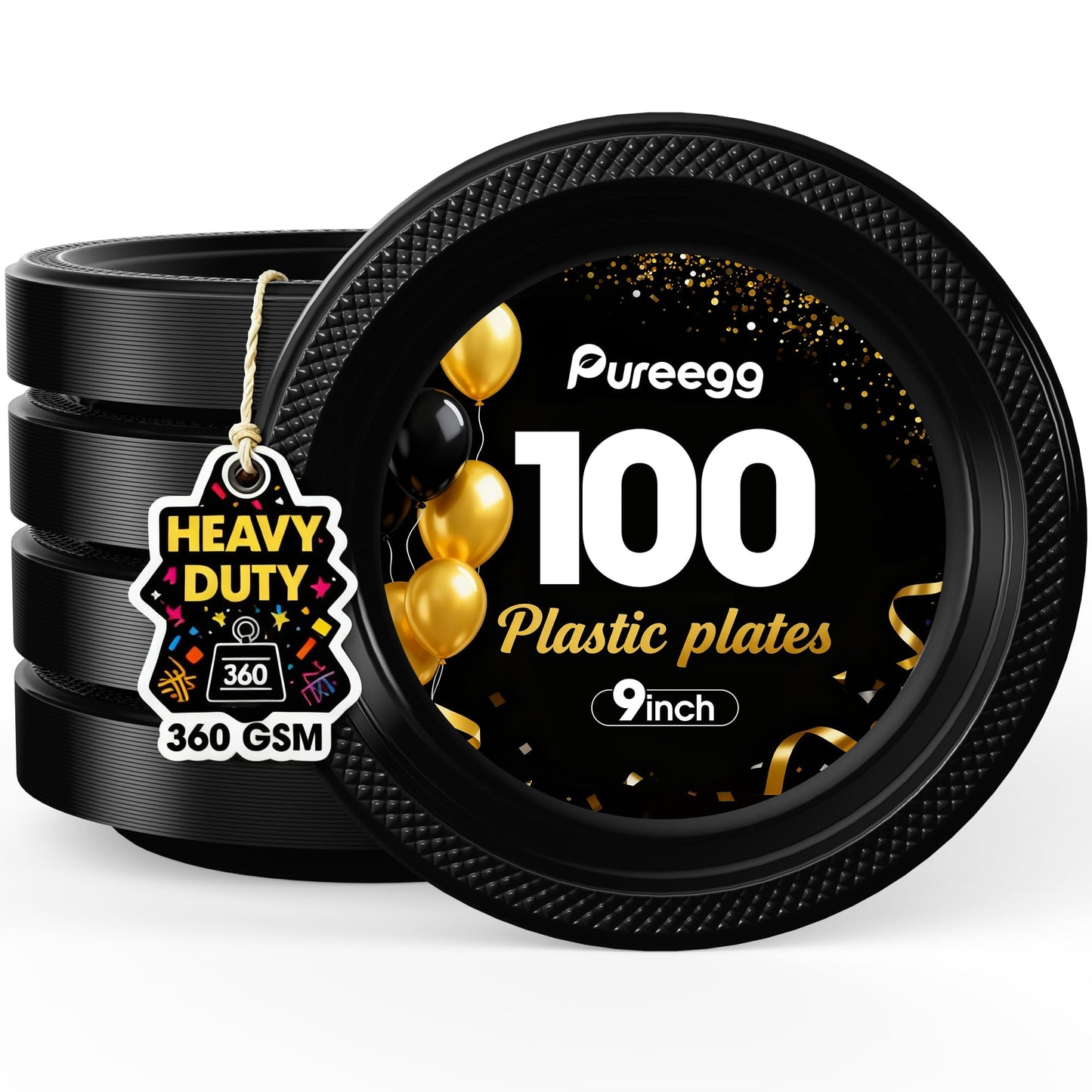 Pureegg Heavy Duty Black Plastic Plates, 100-Count, 7 Inch Disposable Plates - BPA-Free, Holds Steak & Pasta, No Sagging, for Parties BBQ Picnic Buffet