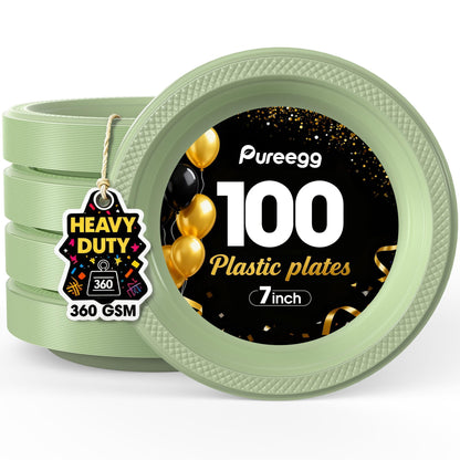 Pureegg Heavy Duty Black Plastic Plates, 100-Count, 7 Inch Disposable Plates - BPA-Free, Holds Steak & Pasta, No Sagging, for Parties BBQ Picnic Buffet