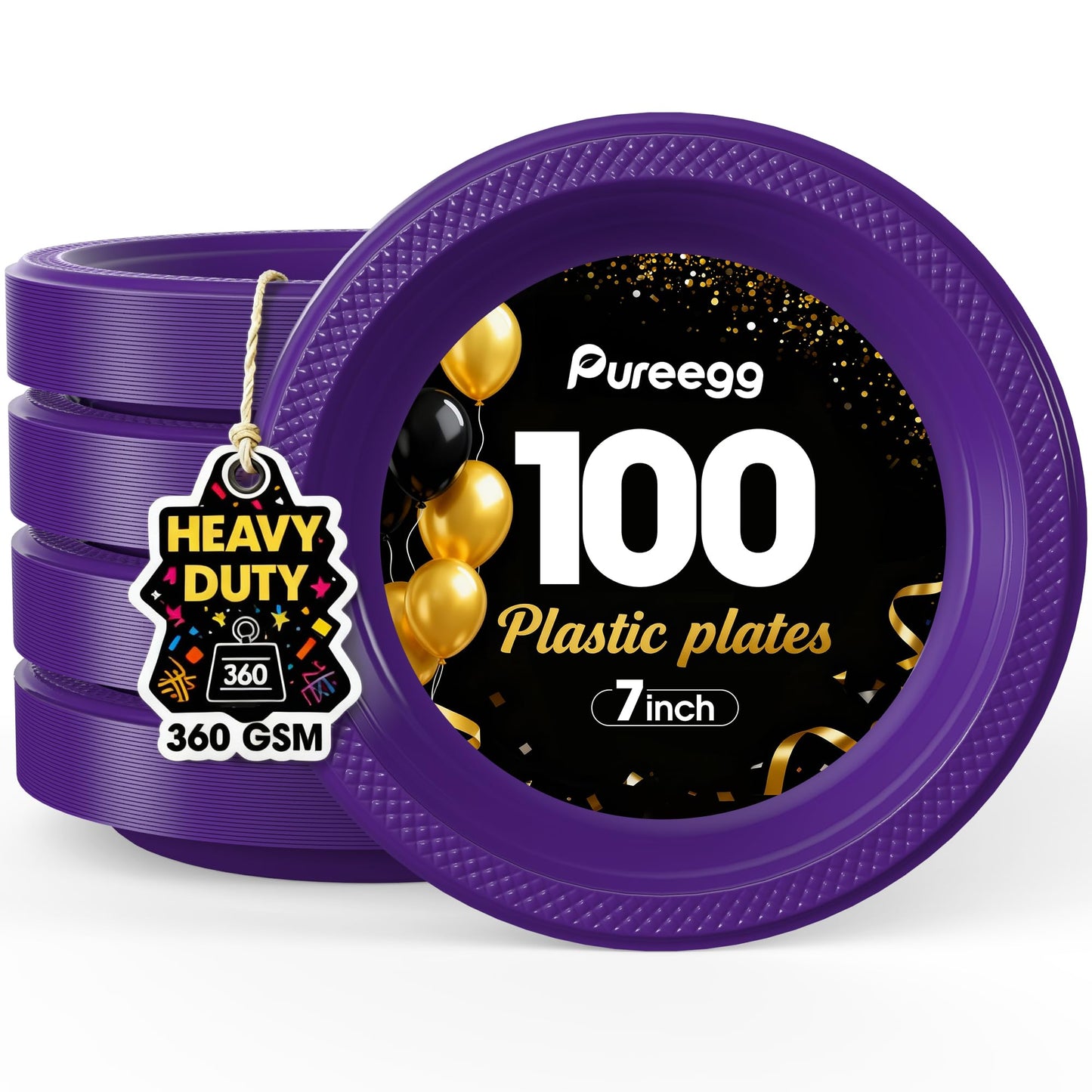 Pureegg Heavy Duty Black Plastic Plates, 100-Count, 7 Inch Disposable Plates - BPA-Free, Holds Steak & Pasta, No Sagging, for Parties BBQ Picnic Buffet