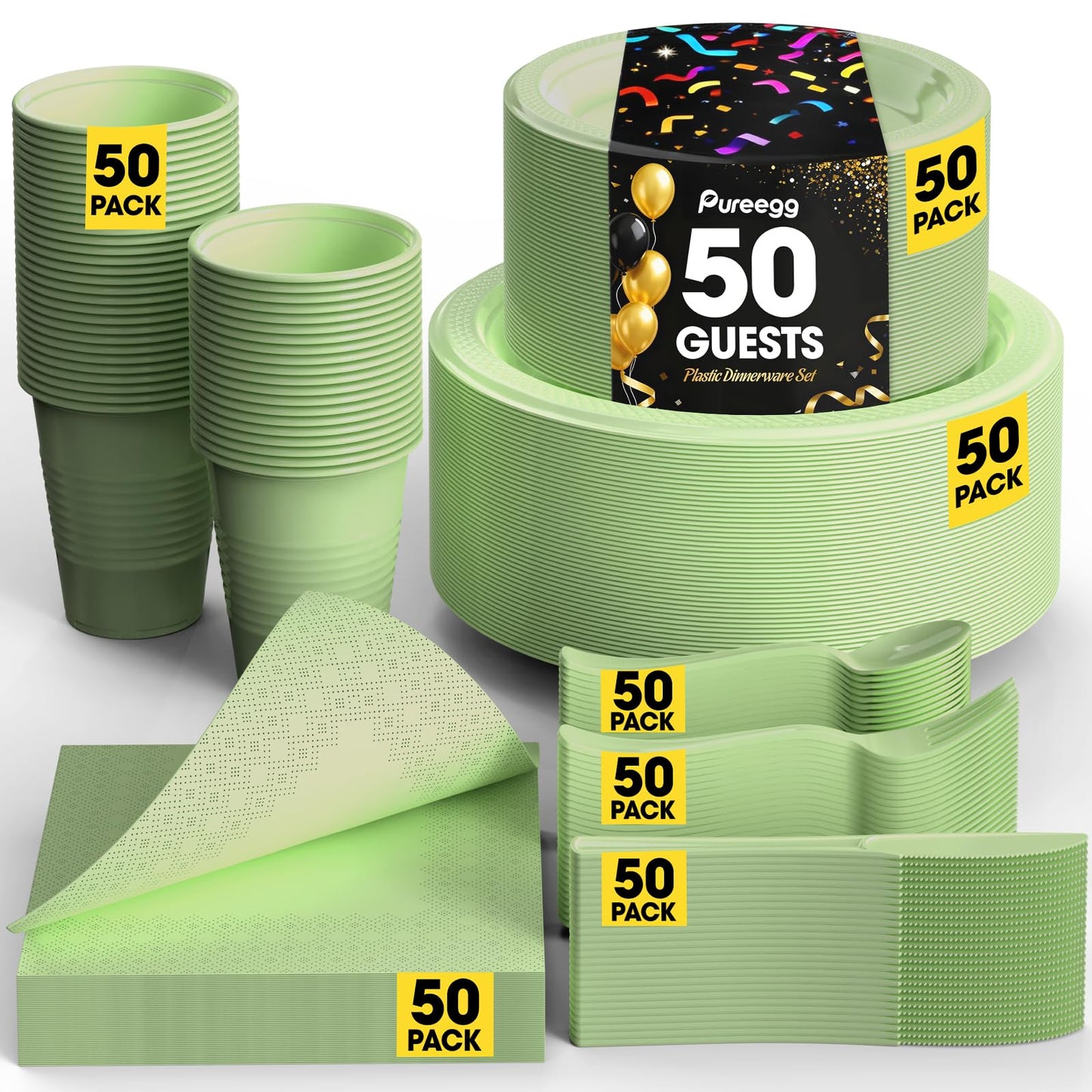 Pureegg Black Plastic Plates Set - 350 Pcs Complete Dinnerware Sets for 50 Guests, Disposable Plates, Utensils, Cups, Napkins Included, for Party, Gathering, Wedding, Daily Use