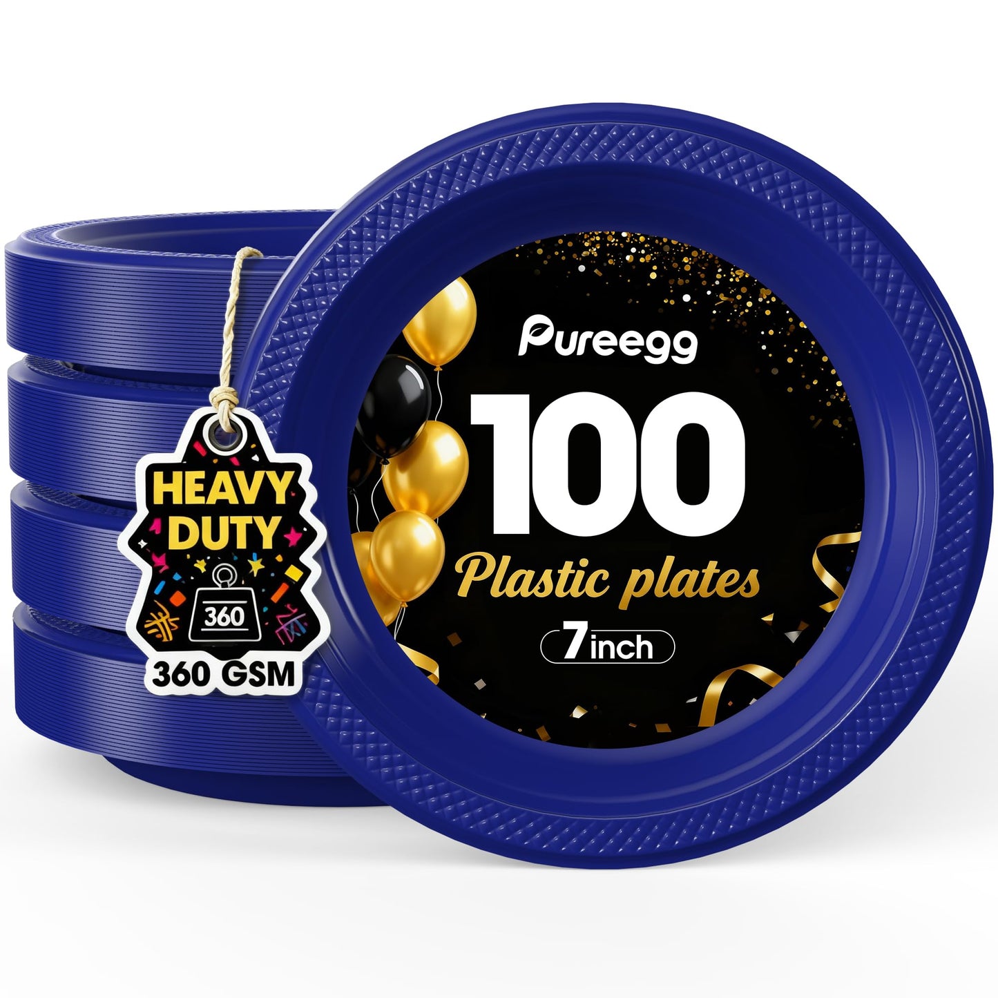 Pureegg Heavy Duty Black Plastic Plates, 100-Count, 7 Inch Disposable Plates - BPA-Free, Holds Steak & Pasta, No Sagging, for Parties BBQ Picnic Buffet