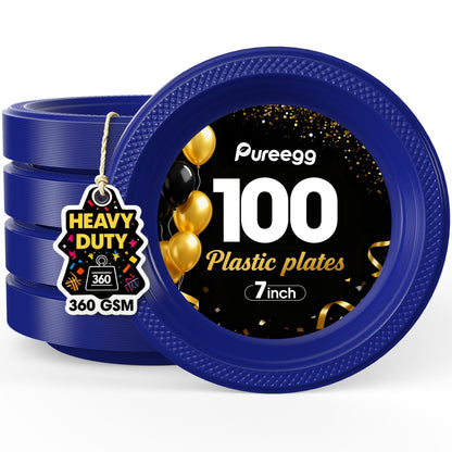 Pureegg Heavy Duty Black Plastic Plates, 100-Count, 7 Inch Disposable Plates - BPA-Free, Holds Steak & Pasta, No Sagging, for Parties BBQ Picnic Buffet