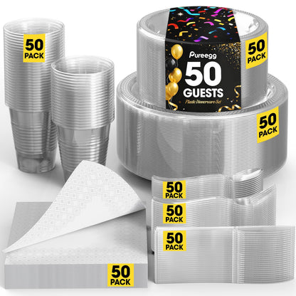 Pureegg Black Plastic Plates Set - 350 Pcs Complete Dinnerware Sets for 50 Guests, Disposable Plates, Utensils, Cups, Napkins Included, for Party, Gathering, Wedding, Daily Use