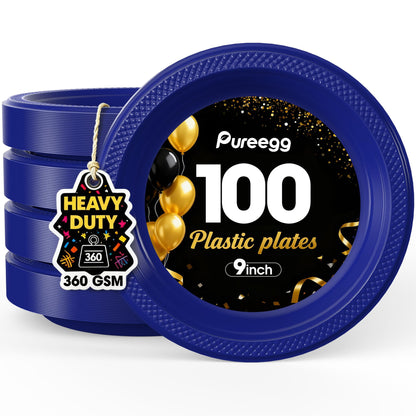 Pureegg Heavy Duty Black Plastic Plates, 100-Count, 7 Inch Disposable Plates - BPA-Free, Holds Steak & Pasta, No Sagging, for Parties BBQ Picnic Buffet