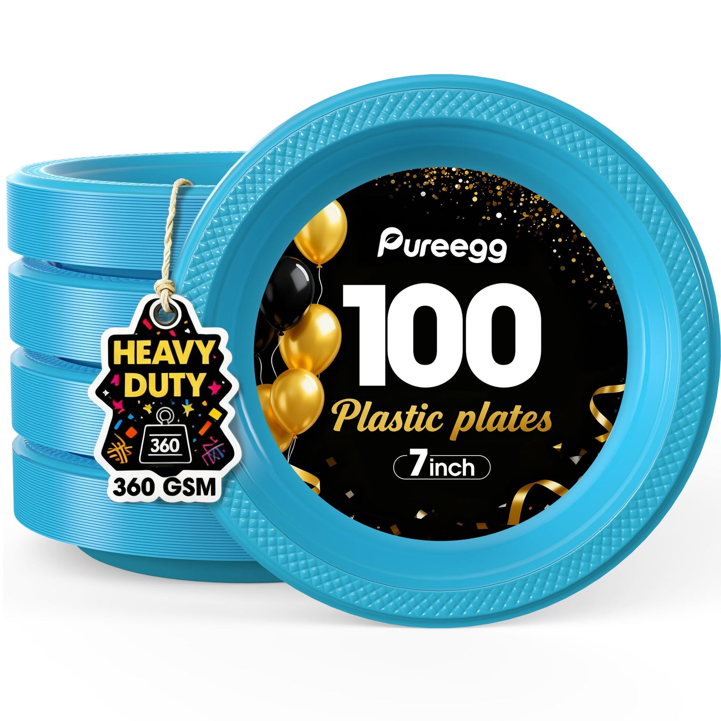Pureegg Heavy Duty Black Plastic Plates, 100-Count, 7 Inch Disposable Plates - BPA-Free, Holds Steak & Pasta, No Sagging, for Parties BBQ Picnic Buffet