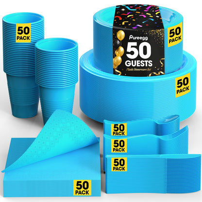 Pureegg Black Plastic Plates Set - 350 Pcs Complete Dinnerware Sets for 50 Guests, Disposable Plates, Utensils, Cups, Napkins Included, for Party, Gathering, Wedding, Daily Use