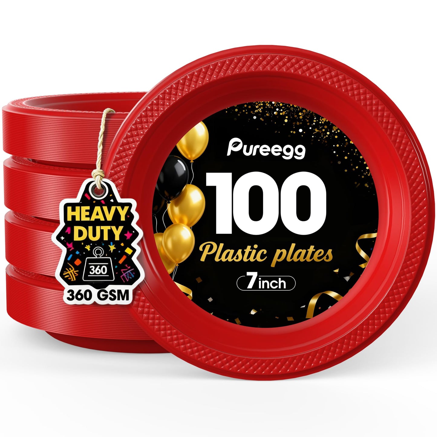 Pureegg Heavy Duty Black Plastic Plates, 100-Count, 7 Inch Disposable Plates - BPA-Free, Holds Steak & Pasta, No Sagging, for Parties BBQ Picnic Buffet