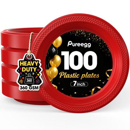 Pureegg Heavy Duty Black Plastic Plates, 100-Count, 7 Inch Disposable Plates - BPA-Free, Holds Steak & Pasta, No Sagging, for Parties BBQ Picnic Buffet