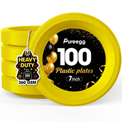 Pureegg Heavy Duty Black Plastic Plates, 100-Count, 7 Inch Disposable Plates - BPA-Free, Holds Steak & Pasta, No Sagging, for Parties BBQ Picnic Buffet