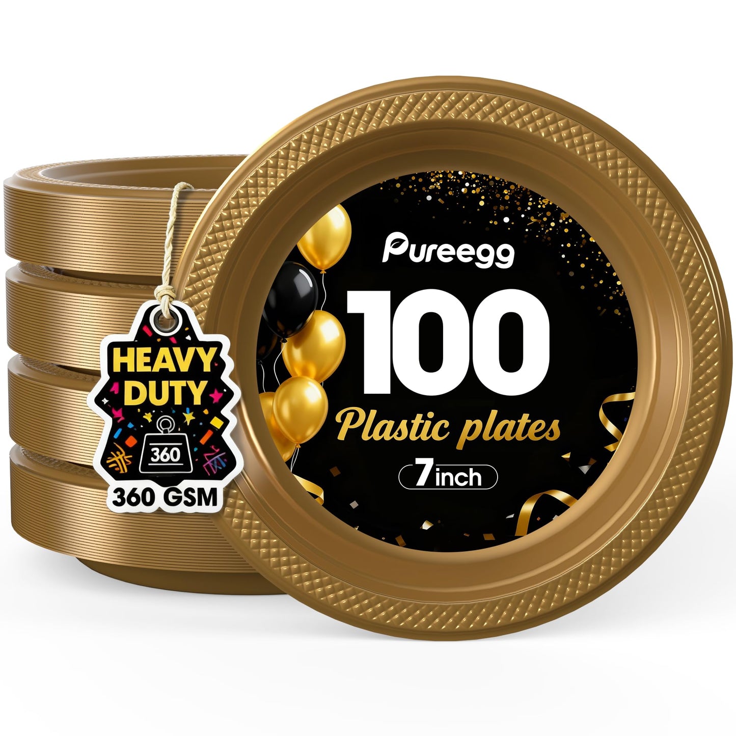 Pureegg Heavy Duty Black Plastic Plates, 100-Count, 7 Inch Disposable Plates - BPA-Free, Holds Steak & Pasta, No Sagging, for Parties BBQ Picnic Buffet
