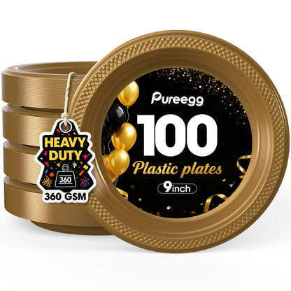 Pureegg Heavy Duty Black Plastic Plates, 100-Count, 7 Inch Disposable Plates - BPA-Free, Holds Steak & Pasta, No Sagging, for Parties BBQ Picnic Buffet