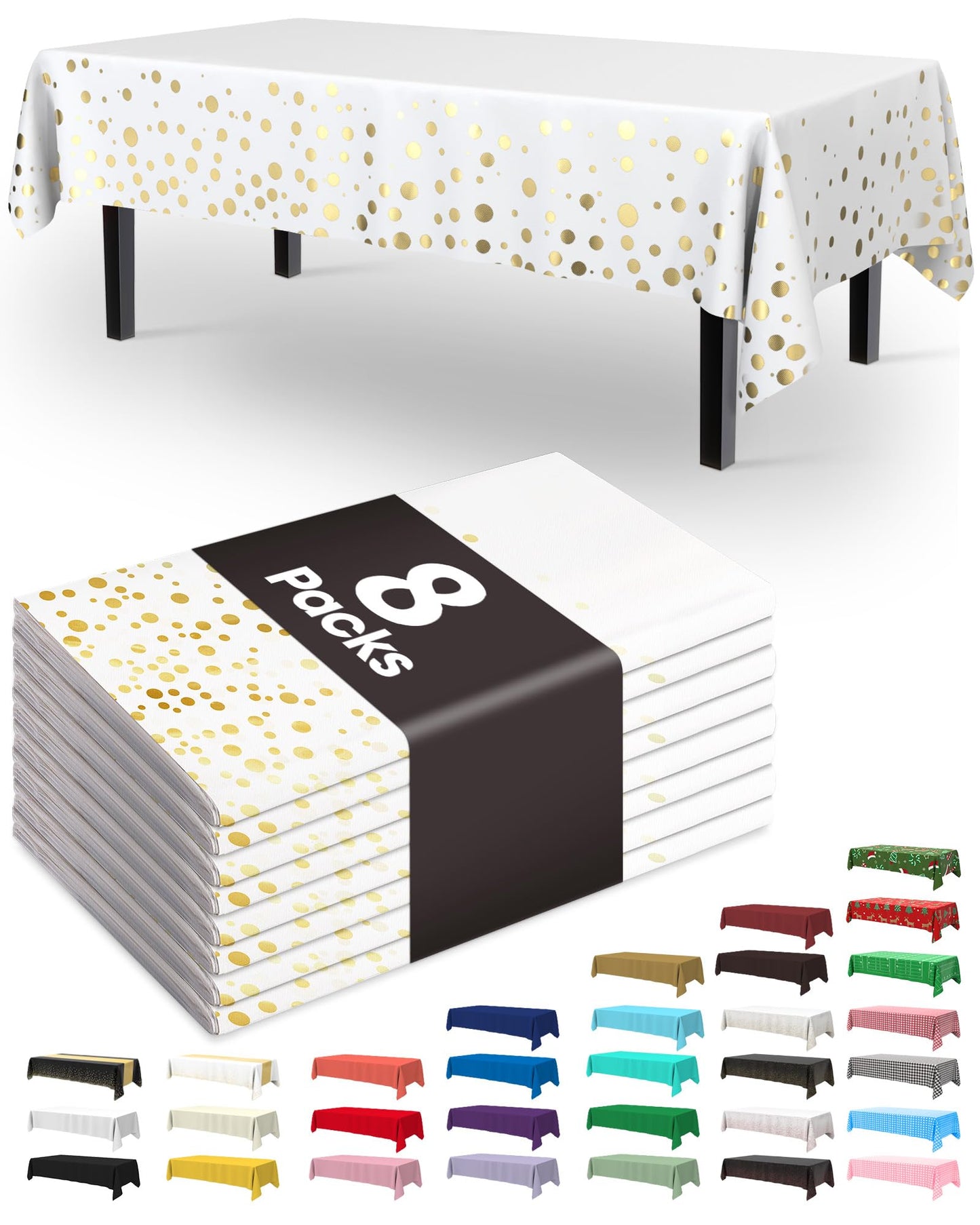 Pureegg Plastic Table Cloth Disposable 8 Pack, 54 x 108 Inch Table Cloths, Party, Picnic, Wedding, Decorative Tablecloths, Rectangle, White Plastic Cover, Leakproof & Sturdy, White