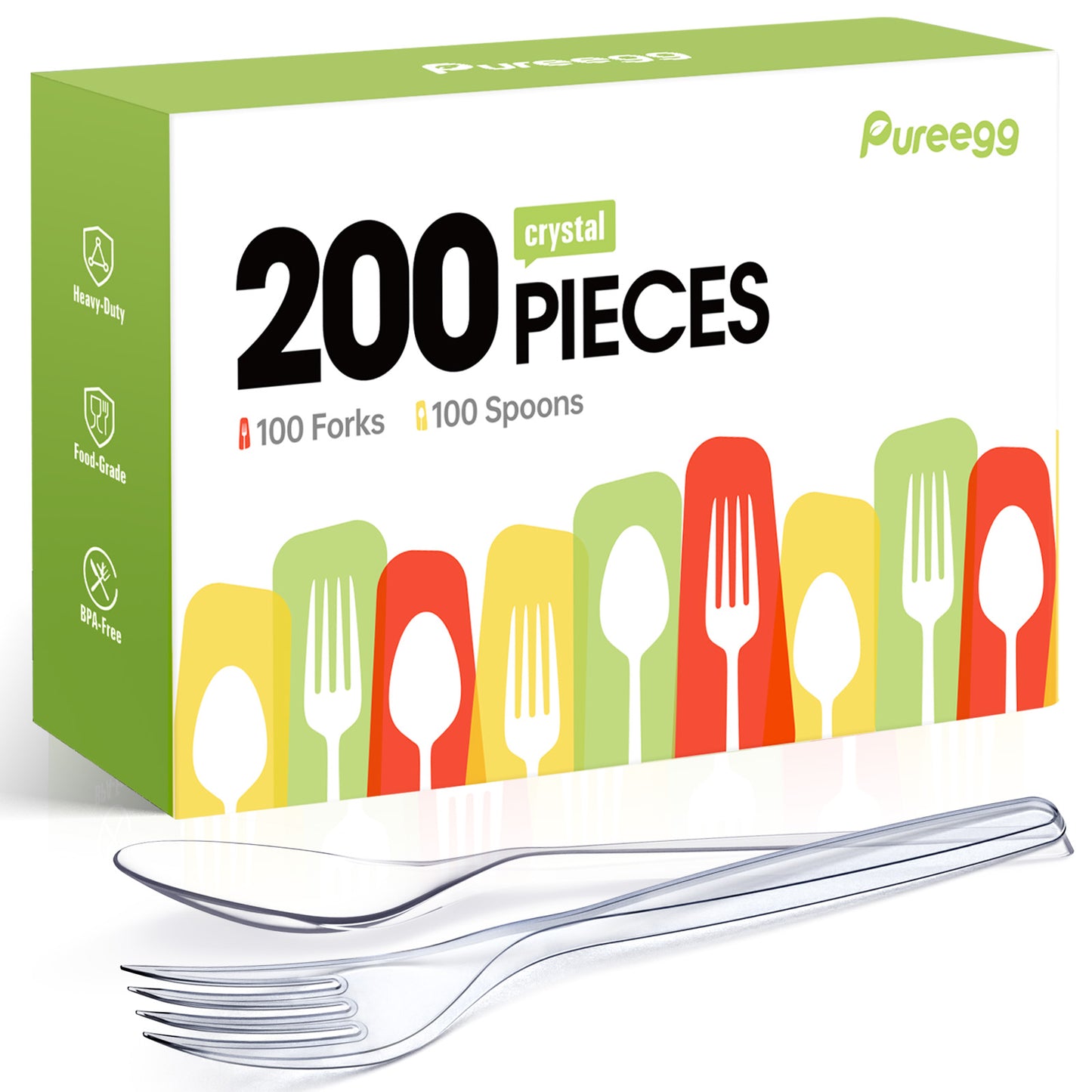 Pureegg Plastic Forks and Spoons - 200 Packs, Clear Utensile Combo: 100 Forks, 100 Spoons.