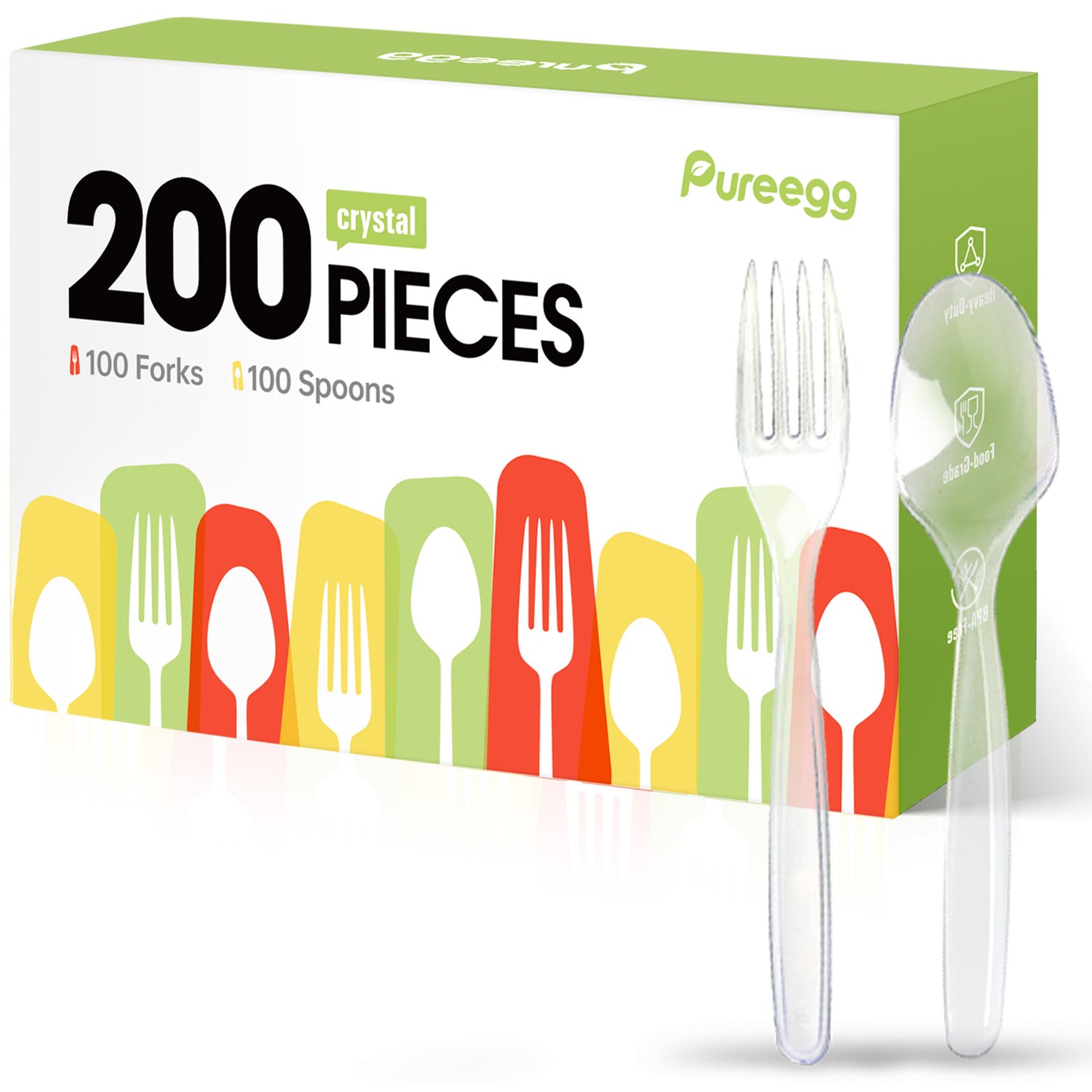Pureegg Plastic Forks and Spoons - 200 Packs, Clear Utensile Combo: 100 Forks, 100 Spoons.