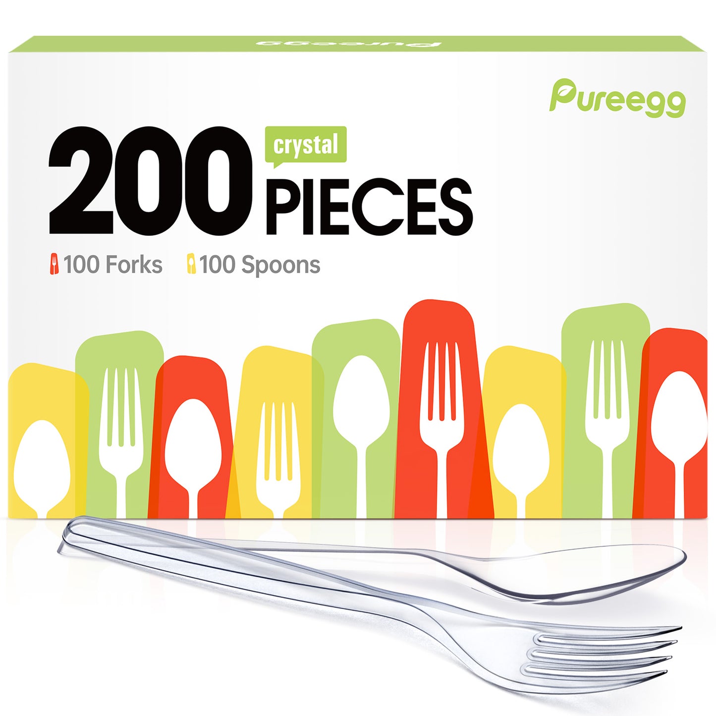 Pureegg Plastic Forks and Spoons - 200 Packs, Clear Utensile Combo: 100 Forks, 100 Spoons.