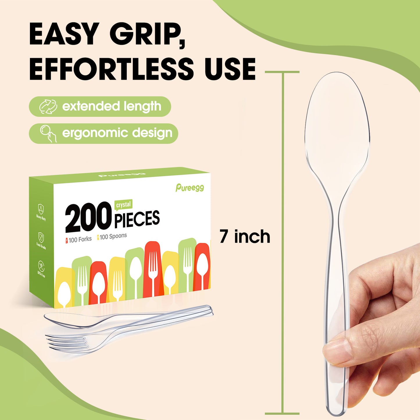 Pureegg Plastic Forks and Spoons - 200 Packs, Clear Utensile Combo: 100 Forks, 100 Spoons.