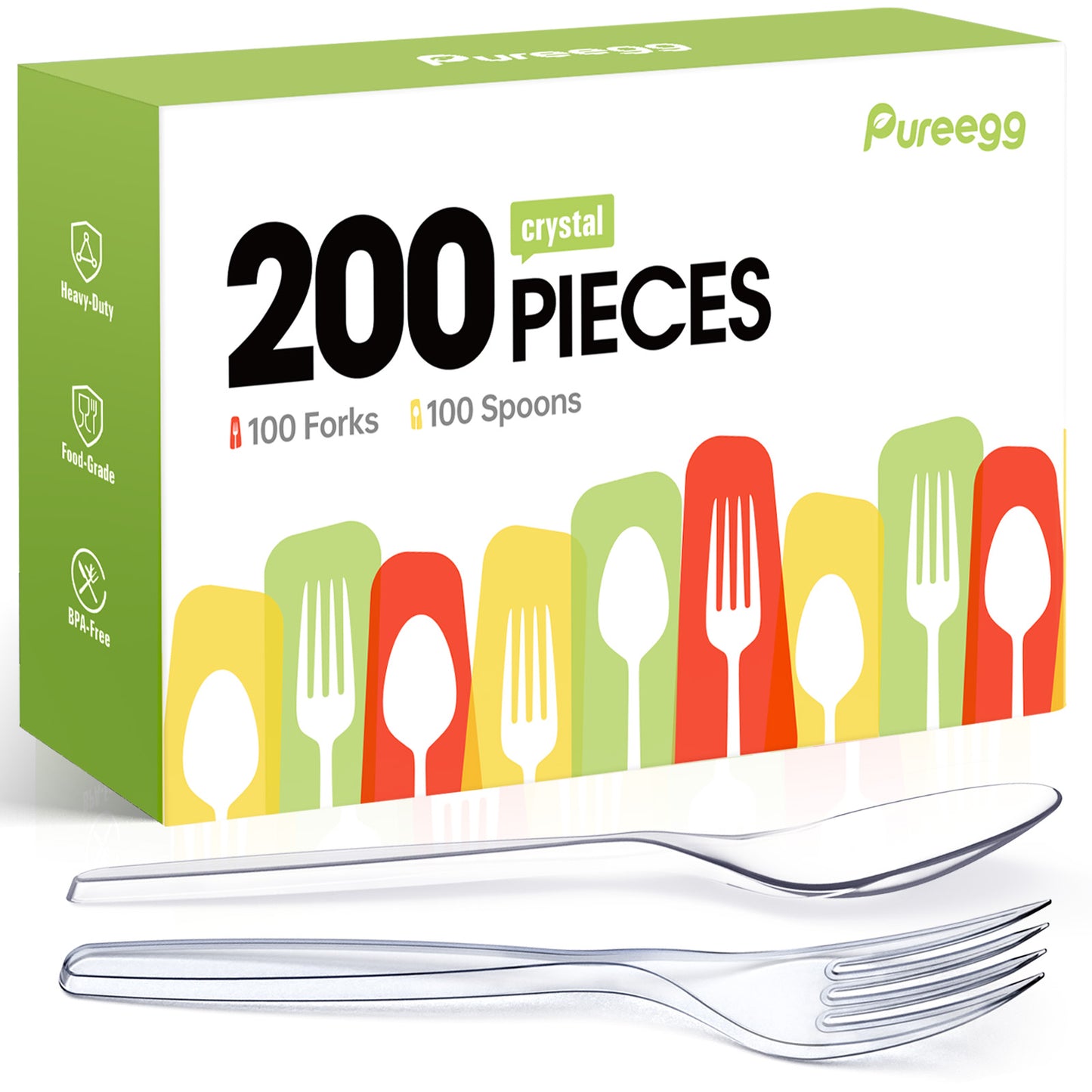 Pureegg Plastic Forks and Spoons - 200 Packs, Clear Utensile Combo: 100 Forks, 100 Spoons.