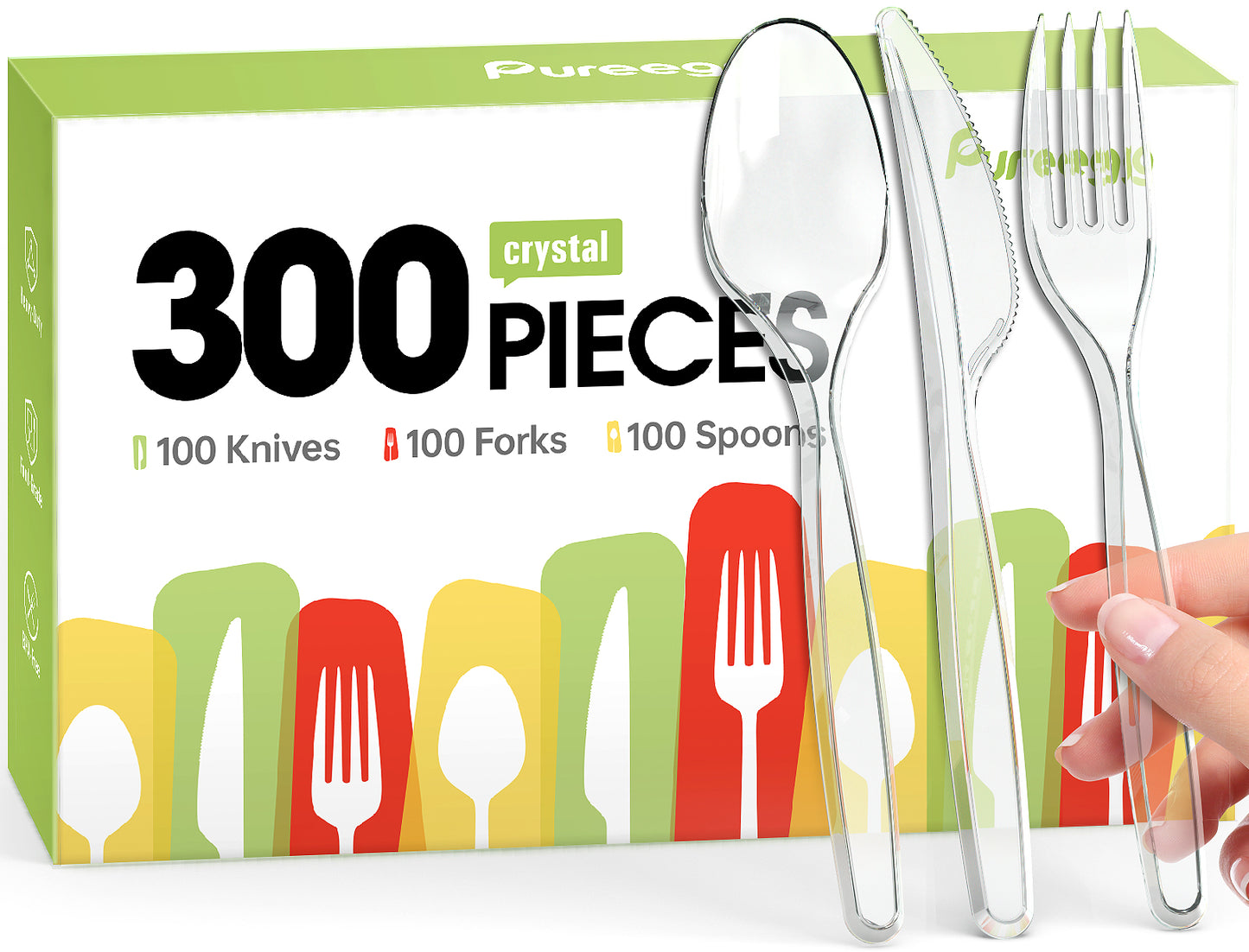 Pureegg Plastic Forks and Spoons - 200 Packs, Clear Utensile Combo: 100 Forks, 100 Spoons.