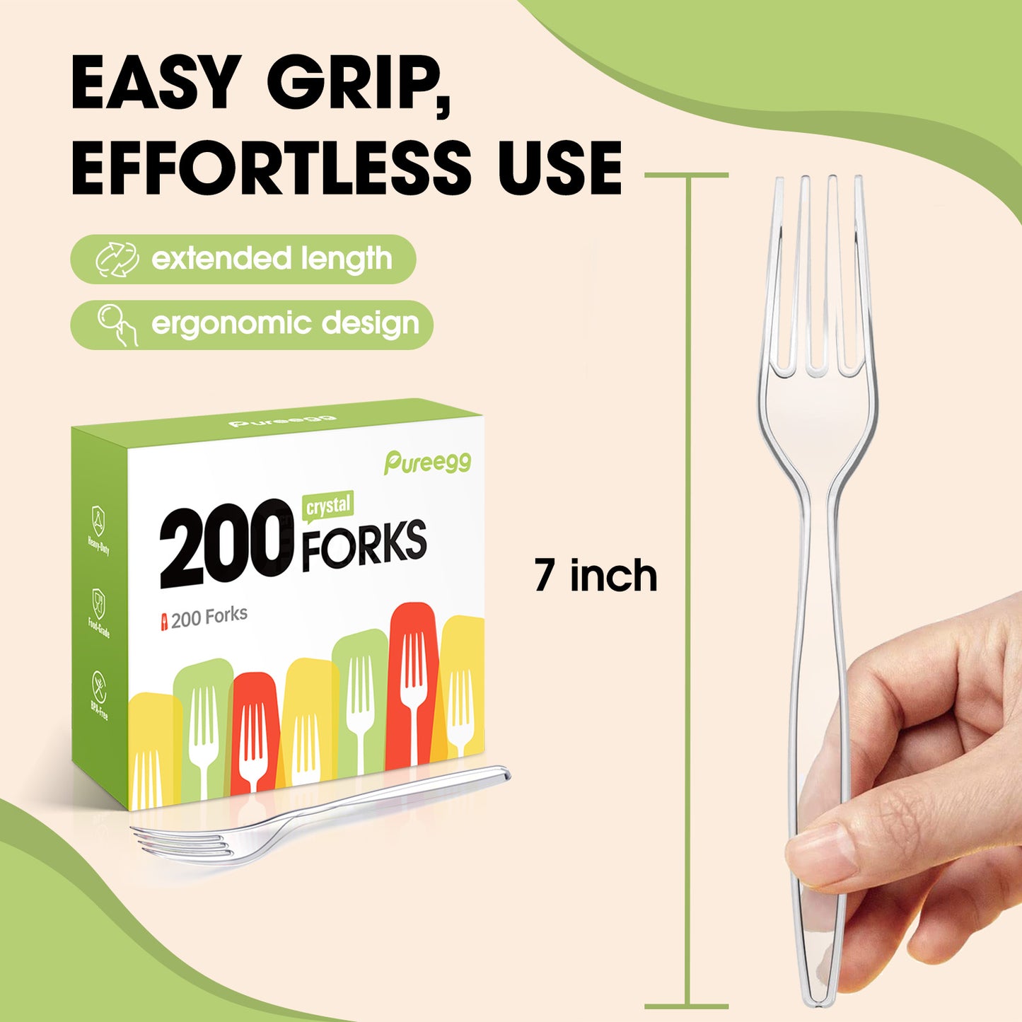 Pureegg Plastic Forks - 200 Packs, Premium 7" Disposable Forks, Heat-Resistant & BPA-Free Plastic Forks Heavy Duty, Party Supplies, Clear Plastic Forks for Office, Picnics, Restaurants, Everyday Use