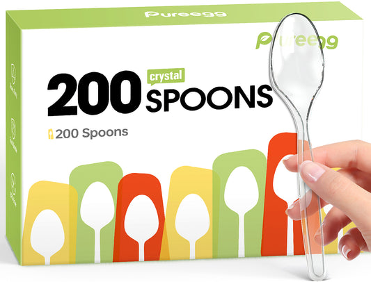 Pureegg Plastic Spoons - 200 Packs, Premium 7" Disposable Spoons, Heat-Resistant & BPA-Free Clear Plastic Spoons Heavy Duty, Party Supplies, Sturdy Spoons Plastic Disposable for Everyday Use