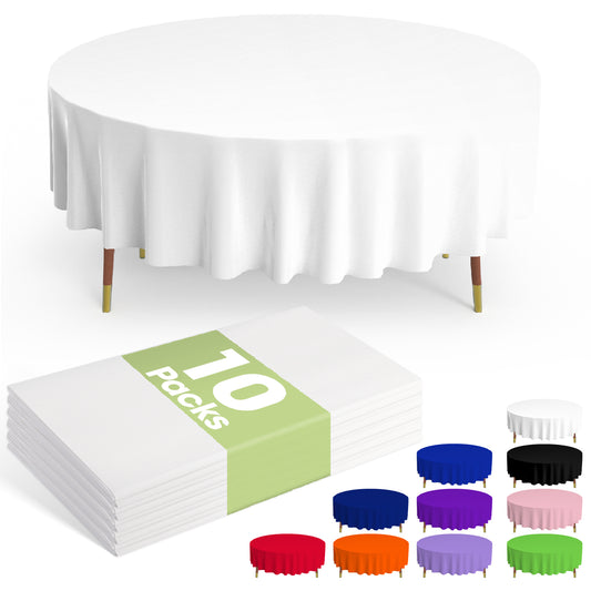 Pureegg Plastic Table Cloth Disposable - 10 Pack, Disposable Table Cloths for Parties, Weddings, Decorative Round Tablecloths, 84'' White Plastic Tablecloth, Leakproof & Sturdy