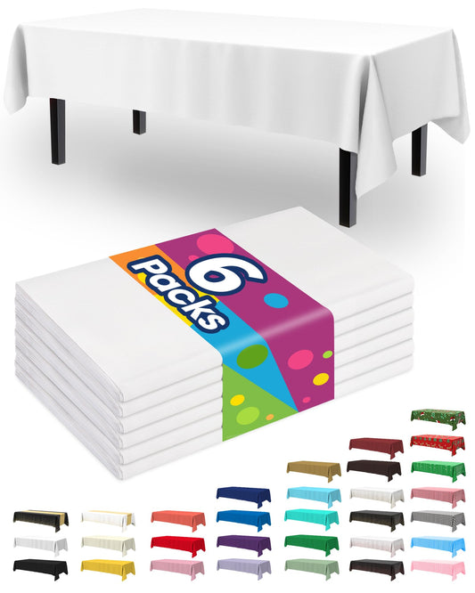 Pureegg Plastic Table Cloth Disposable 6 Pack, 54 x 108 Inch Table Cloths, Party, Picnic, Wedding, Decorative Tablecloths, Rectangle, White Plastic Cover, Waterproof, White