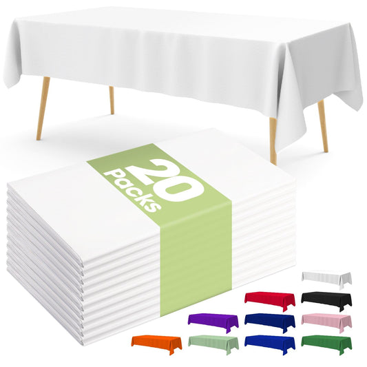 Pureegg Plastic Table Cloth Disposable 20 Pack, 54 x 108 Inch Table Cloths, Party, Picnic, Wedding, Decorative Tablecloths, Rectangle, White Plastic Cover, Leakproof & Sturdy, White