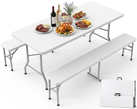 Pureegg Folding Table and Chairs Set - Sturdy 6FT Folding Table with 2 Chairs, No Assembly Required, Portable Camping Table with Carry Handle for Dining, Party, White