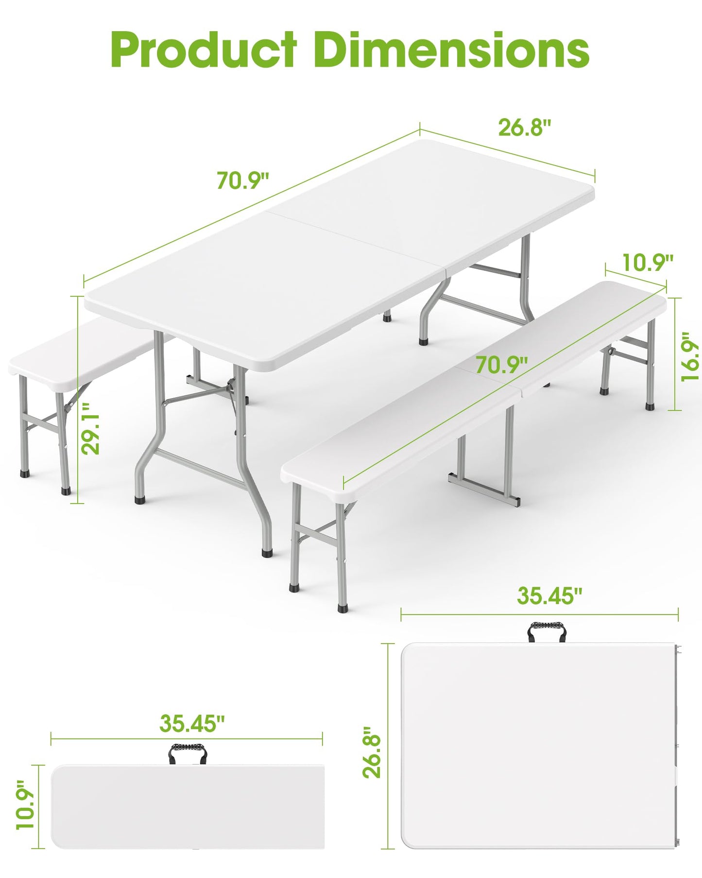 Pureegg Folding Table and Chairs Set - Sturdy 6FT Folding Table with 2 Chairs, No Assembly Required, Portable Camping Table with Carry Handle for Dining, Party, White