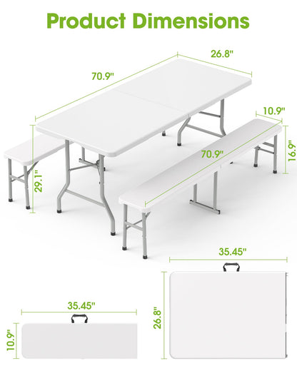 Pureegg Folding Table and Chairs Set - Sturdy 6FT Folding Table with 2 Chairs, No Assembly Required, Portable Camping Table with Carry Handle for Dining, Party, White