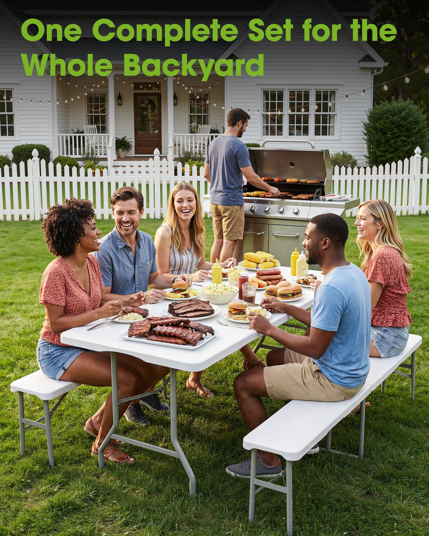 Pureegg Folding Table and Chairs Set - Sturdy 6FT Folding Table with 2 Chairs, No Assembly Required, Portable Camping Table with Carry Handle for Dining, Party, White