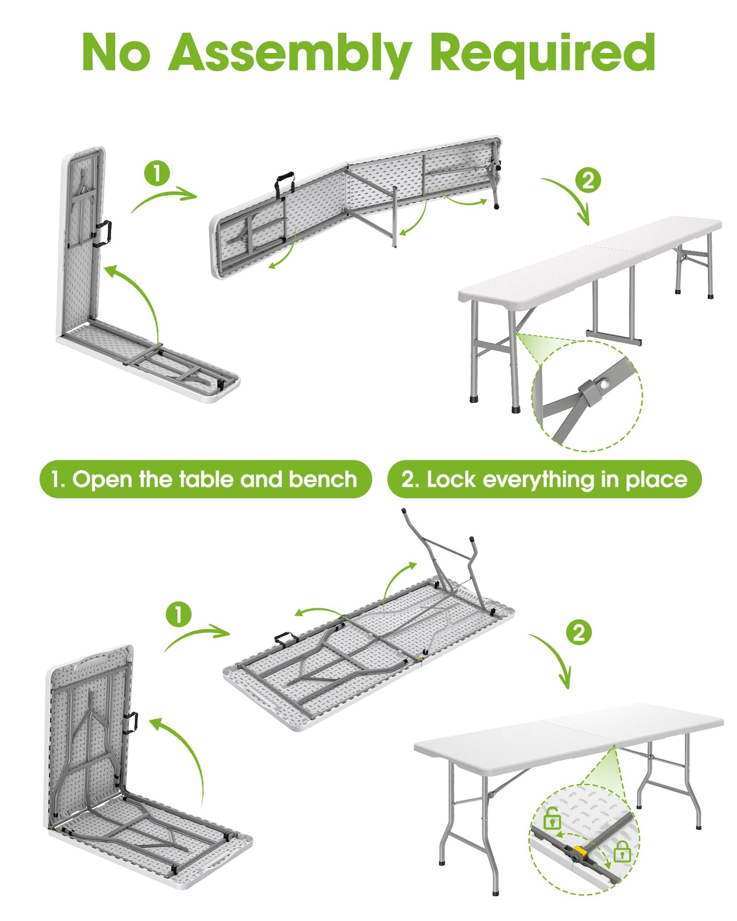 Pureegg Folding Table and Chairs Set - Sturdy 6FT Folding Table with 2 Chairs, No Assembly Required, Portable Camping Table with Carry Handle for Dining, Party, White