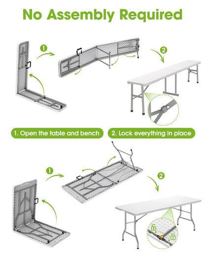 Pureegg Folding Table and Chairs Set - Sturdy 6FT Folding Table with 2 Chairs, No Assembly Required, Portable Camping Table with Carry Handle for Dining, Party, White